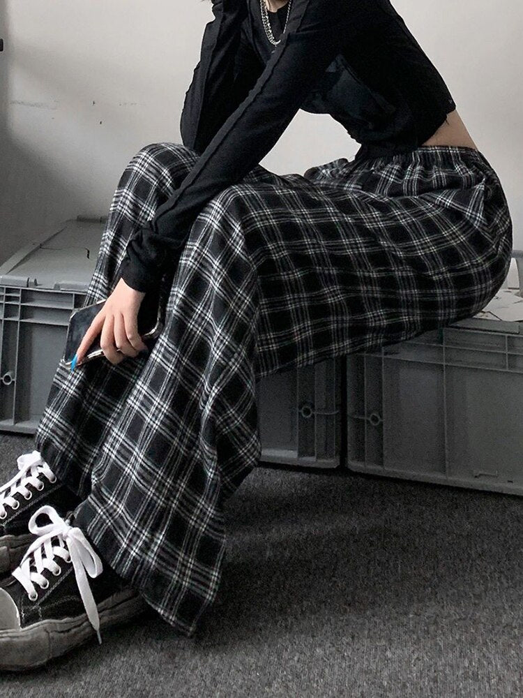 Clacive Women Hip Hop Streetwear Black Plaid Pants Harajuku Student Oversize Wide Leg Pants Fashion Elastic Waist Casual Trousers