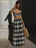 Clacive Sexy Loose Plaid 2 Piece Sets Women Outfit 2024 Summer Sleeveless Crop Top With High Waist Long Skirts Set Streetwear