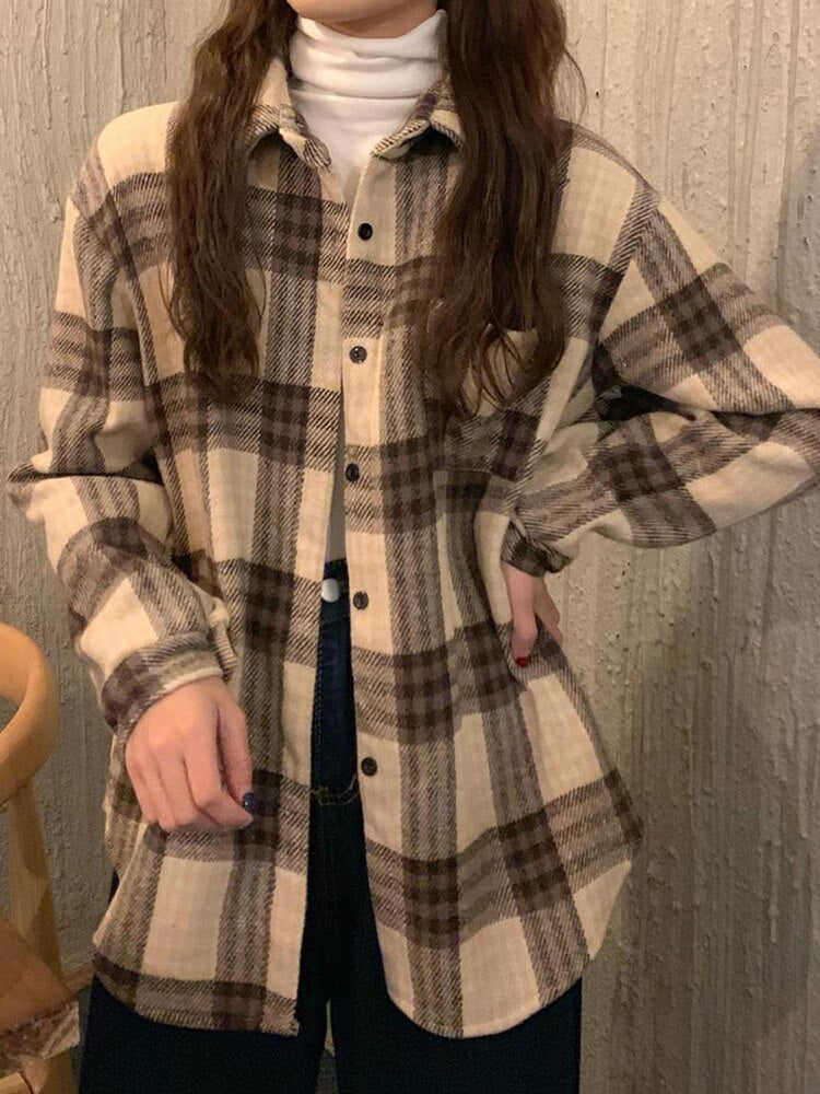 Clacive Thick Women Plaid Shirts Korean Winter Warm Fleece Button Up Tops Vintage Turn Down Collar Loose Casual Woolen Female Coats