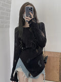Clacive Streetwear Hole Knitted Sweater Women Sexy Hollow Out Long Sleeve Jumpers Retro American Irregular Lady Slim Autumn Tops