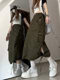 Clacive American Retro Streetwear Cargo Skirt Women Fashion Slit Hip Hop Midi Skirts Summer High Waist Drawstring Pockets Skirt New