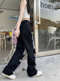 Clacive Hip Hop Hole Jeans Women Y2K Streetwear Harajuku Hollow Out Denim Pant American Retro High Waist Female Straight Trousers