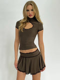 Clacive Brown Skirt Two Piece Sets Women Hollow Out Turtleneck Short Sleeve T-shirt And Mini Skirt Femme Sexy Skirt Sets New