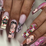 Clacive-Anime Fake Nails Strawberry Ballerina False Nails Ombre Pink Nail Art Detachable Kawaii Nail Accessories Press on Nails Decor