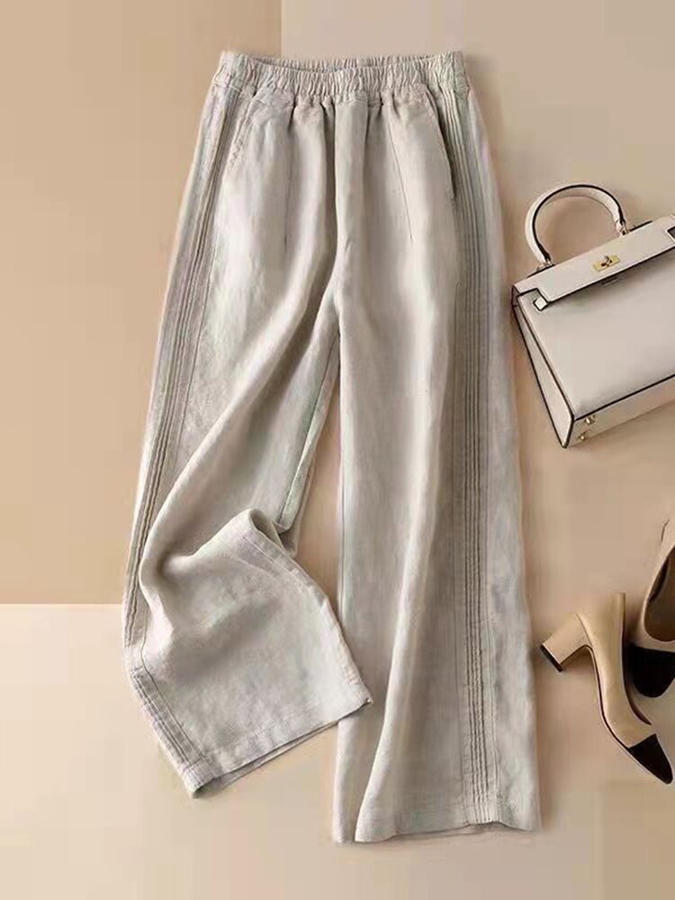 Clacive Summer Linen Pants Elastic High Waist Korean Style Solid Color Casual Pocket Straight Trousers White Thin Female Pants