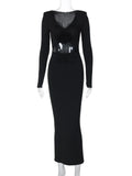 Clacive Elegant Flower Hollow Out Midi Dress For Women Black V Neck Long Sleeve Bodycon Sexy Dress Female Skinny Party Dress