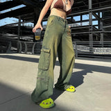 Clacive-Grunge Fairycore Cargo Pants Denim Y2K Aesthetic Chic Dragon Embroidery Women Jeans Baggy Distressed Chic Trousers