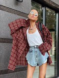 Clacive-2024 Summer Women Casual Oversized Plaid Shirt Long Sleeve Ladies Tops Loose Fit Long Blouse For Woman