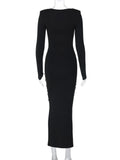 Clacive Elegant Flower Hollow Out Midi Dress For Women Black V Neck Long Sleeve Bodycon Sexy Dress Female Skinny Party Dress