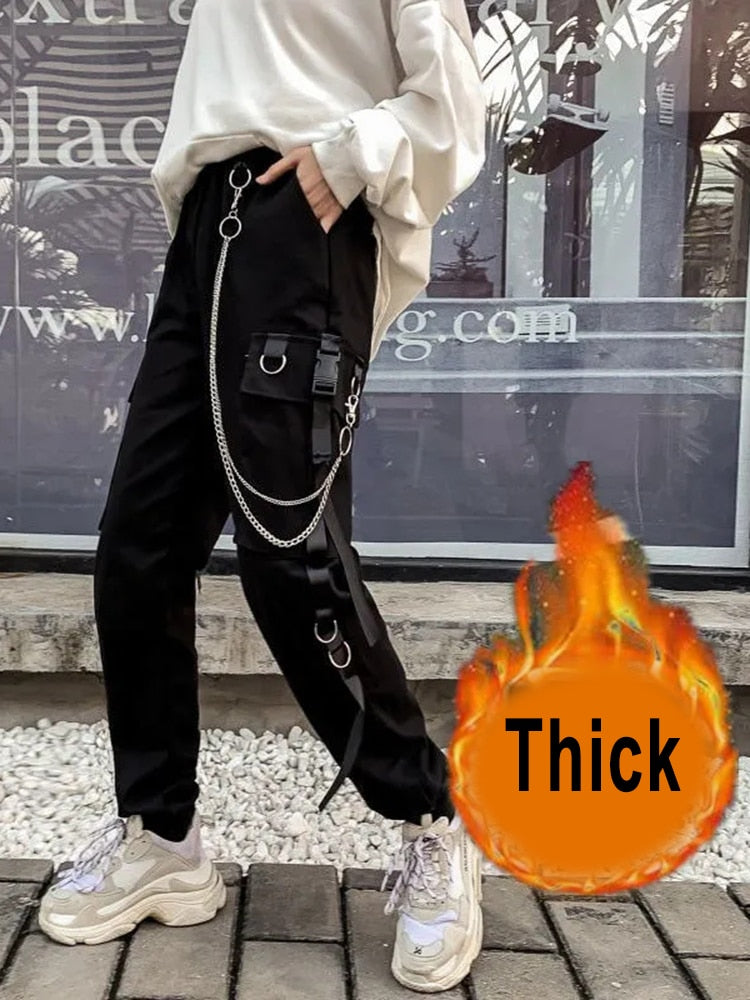 Clacive Gothic Women Cargo Pants Black Joggers High Waisted Harajuku Harem Pants Punk Goth Techwear Chain Trousers Female Hip Hop