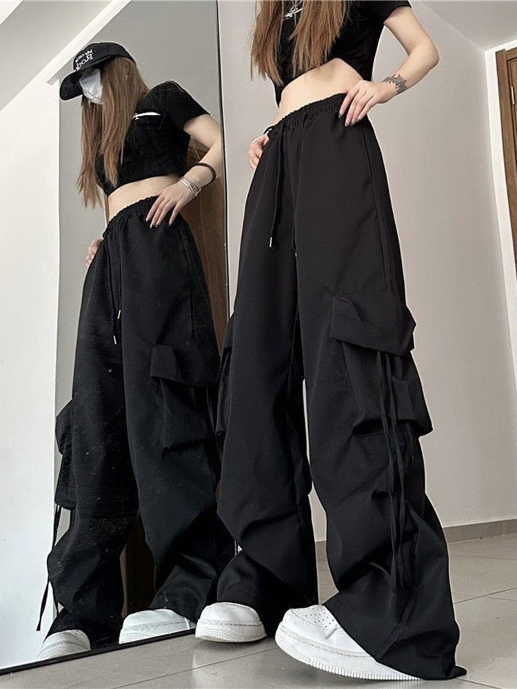 Clacive Cargo Pant Women y2k Streetwear Hip Hop Loose Casual Trousers American High Waist Big Pockets Lace Up Fashion Lady Pants