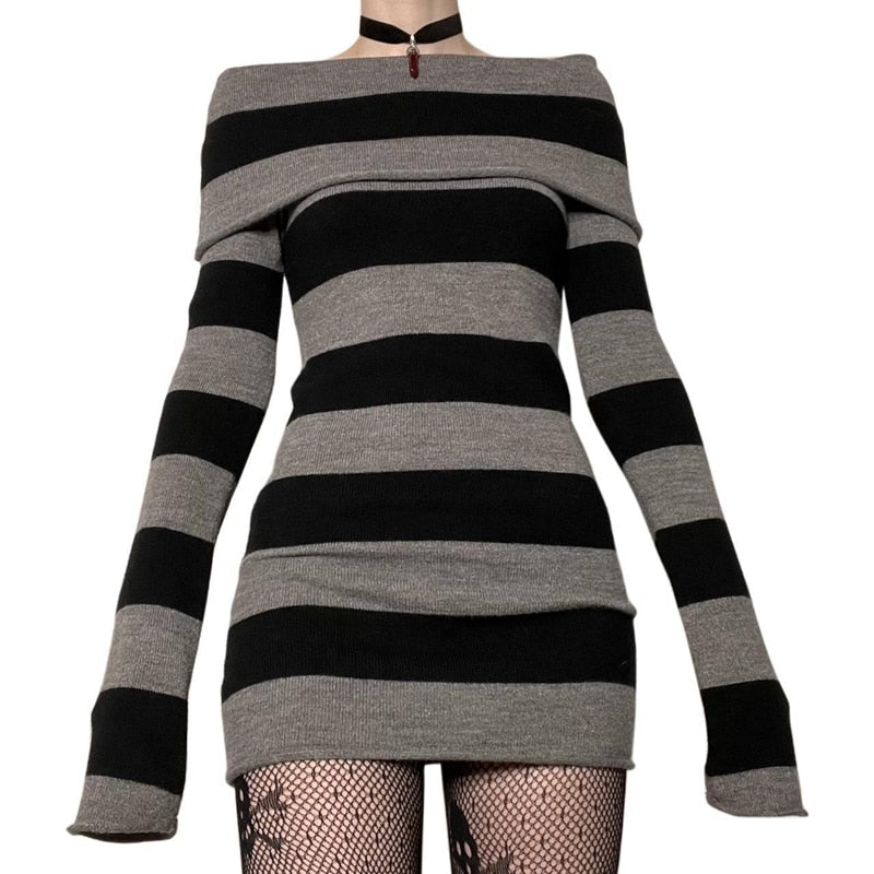 Clacive Y2K Striped Sweater Mini Dress Mall Goth Grunge Emo Bodycon Chic Women Off Shoulder Full Sleeve Slim Fit Dresses 00s Vintage