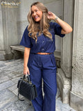 Clacive Fashion Loose Blue Denim 2 Piece Sets Women Outfit 2024 Summer Short Sleeve Shirt With High Waist Wide Pants Set Female