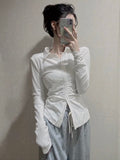 Clacive Sexy Shirts Skinny Grey Y2k Long Sleeve Pleated Tops Elegant Chic Korean Fashion Streetwear Office Ladies Blouses New