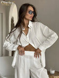 Clacive Fashion Loose White Cotton 2 Piece Sets Women Outfit 2024 Elegant Long Sleeve Shirt With High Waist Lace-Up Pants Set