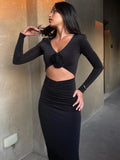 Clacive Elegant Flower Hollow Out Midi Dress For Women Black V Neck Long Sleeve Bodycon Sexy Dress Female Skinny Party Dress