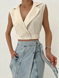 Clacive- 2024 Summer Women Solid Khaki Linen Tank Tops Sleeveless V-neck Vest Crop Tops For Women Female