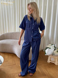 Clacive Fashion Loose Blue Denim 2 Piece Sets Women Outfit 2024 Summer Short Sleeve Shirt With High Waist Wide Pants Set Female