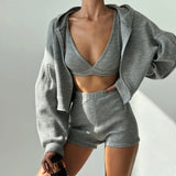 Clacive-2024 Spring and Summer knitted zipper hooded cardigan sweatshirt V-neck bra high-waisted tight shorts casual three-piece set