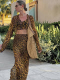 Clacive  Sexy See Through Print Leopard Women Skirt Suit Long Sleeve T-shirts Long Skirts Summer Skinny Elegant Two Piece Sets