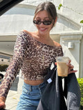 Clacive  Sexy See Through Off Shoulder Women T-shirt Printed Leopard Long Sleeve T-shirt Summer Skinny Elegant Streetwear 2024