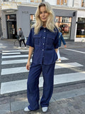 Clacive Fashion Loose Blue Denim 2 Piece Sets Women Outfit 2024 Summer Short Sleeve Shirt With High Waist Wide Pants Set Female