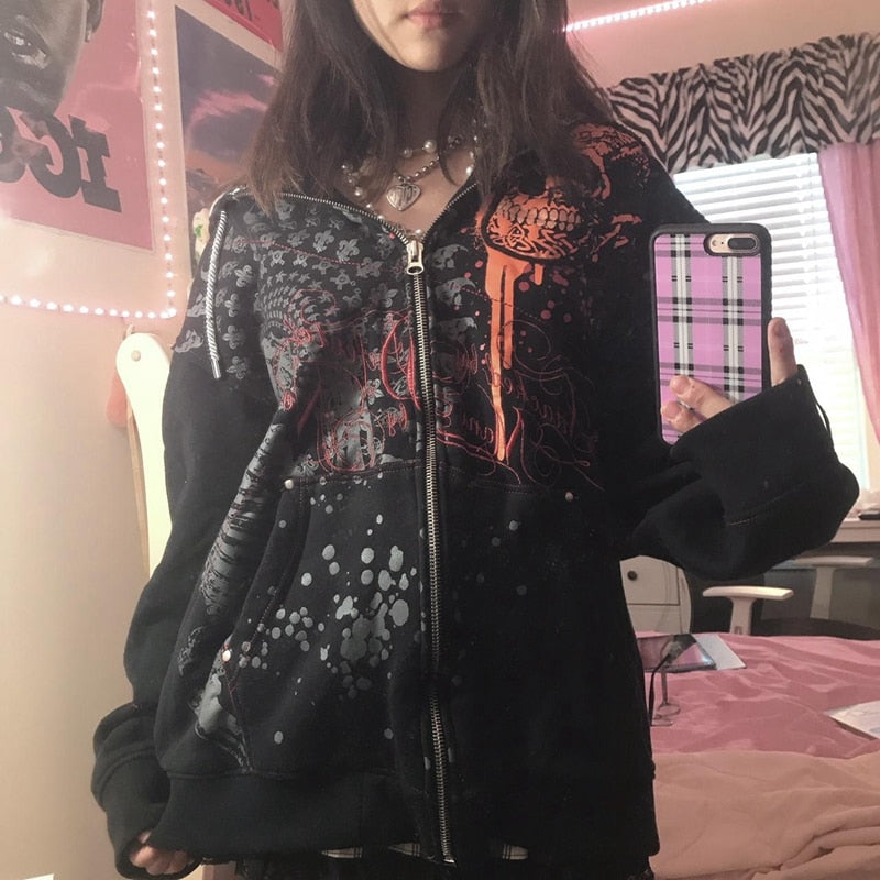Clacive 90s Vintage Grunge Mall Goth Sweatshirts Dark Academia Y2K Aesthetics Retro Zip Up Hoodies E-girl Gothic Emo Clothes Autumn Coat