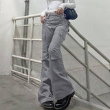 Clacive Gray Casual Stitched Pocket Cargo Pants Women Low Waist Vintage Streetwear Jeans Korean Fashion Straight Denim Trousers