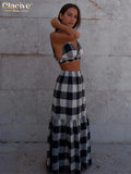 Clacive Sexy Loose Plaid 2 Piece Sets Women Outfit 2024 Summer Sleeveless Crop Top With High Waist Long Skirts Set Streetwear