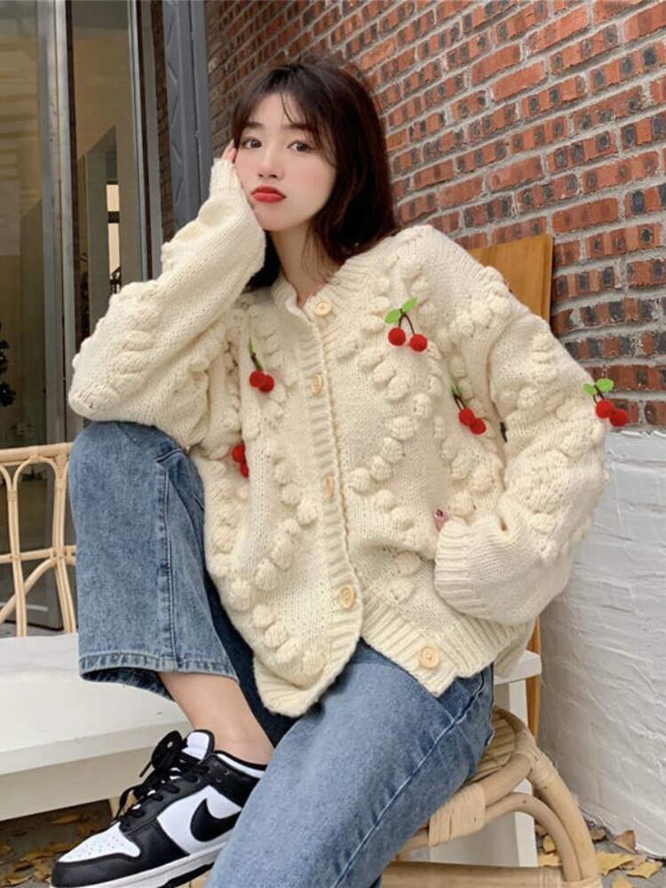 Clacive Cute Strawberry Women Cardigan Sweater Oversize Winter Loose Fashion V Neck Hand 3D Knit Ladies Jumper Casual Female Coat