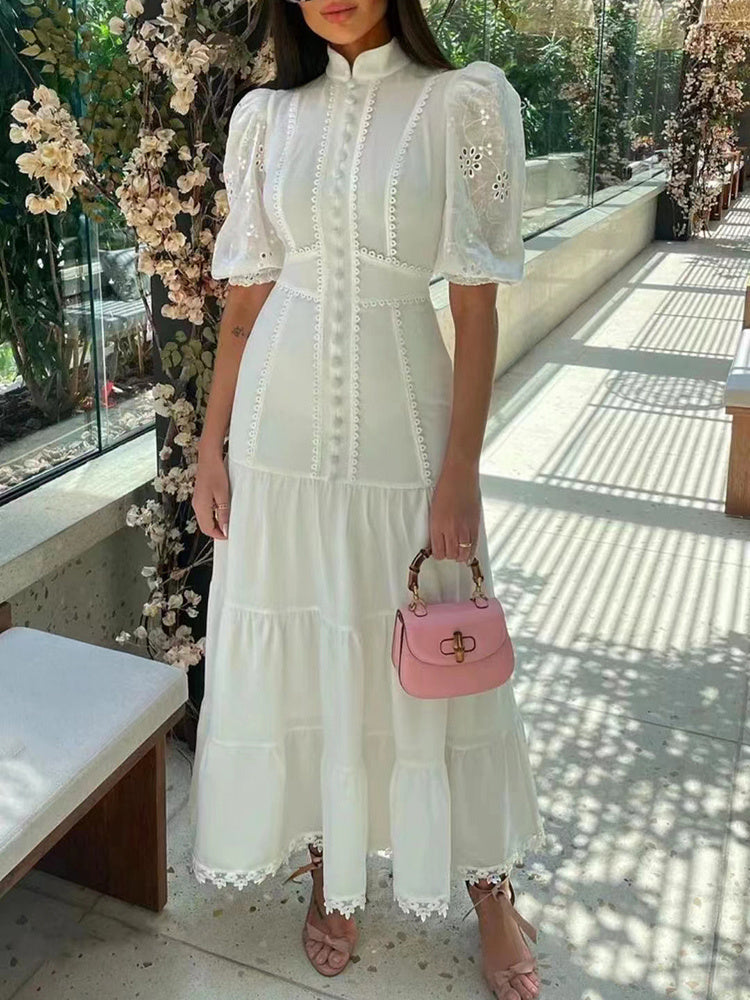 Clacive  Casual Solid Dress For Women Stand Collar Short Puff Sleeve High Waist Patchwork Lace Long Dresses Female Fashion Clothing