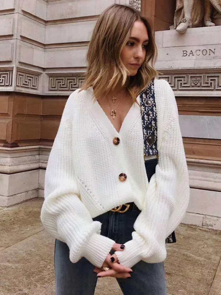Clacive Women Knitted Cardigans Sweater Fashion Autumn Long Sleeve Loose Coat Casual Button Thick V Neck Solid Female Tops 2023