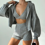 Clacive-2024 Spring and Summer knitted zipper hooded cardigan sweatshirt V-neck bra high-waisted tight shorts casual three-piece set