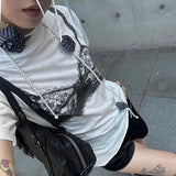 Clacive-Black Lace Bra Print White Graphic T-Shirt Fashion Woman Blouse Tees 2023 O Neck Short Sleeve Casual Street Sweats Tops
