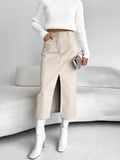 Clacive-2024 Summer Women Sexy Midi Leather Skirts Solid High Waist Office Pencil Long Slit Skirt For Women