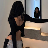 Clacive-Long Sleeve T Shirt Women Backless Y2k Crop Top Casual Slim Pullovers Solid O Neck T-shirts Streetwear Female Basic Tee Black