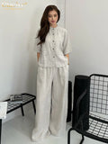 Clacive Summer Loose Khaki Linen Trousers Sets For Women 2 Pieces 2024 Fashion Short Sleeve Shirt With High Waist Wide Pants Set