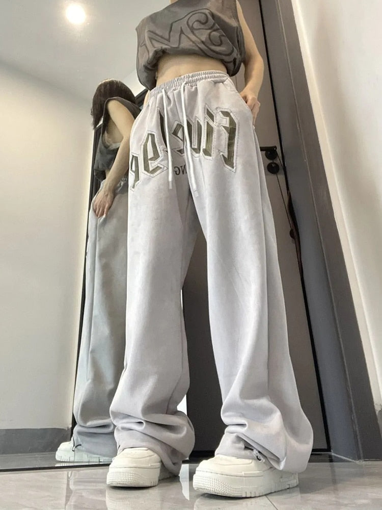 Clacive Letter Embroidery Women Hip Hop Sweatpants Streetwear Bf Harajuku Grey Trousers Amerian Retro High Waist Casual Pants