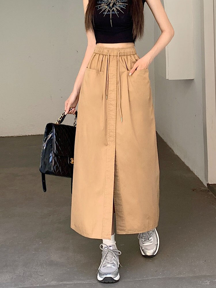 Clacive Elegant Simple Slit Cargo Skirt Women Streetwear Fashion High Waist Y2K Midi Skirts American Retro Pockets All Match Skirt