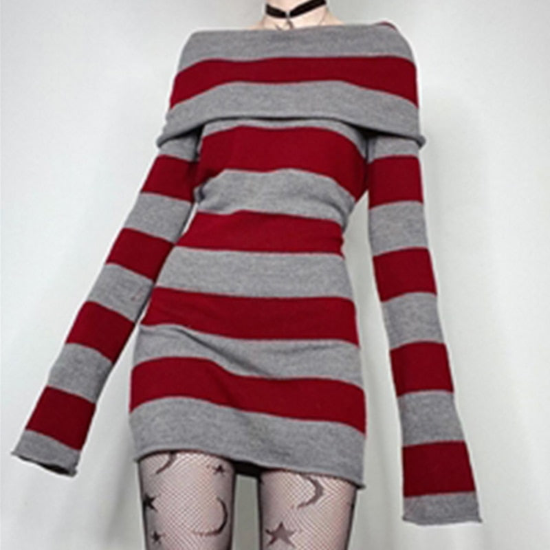 Clacive Y2K Striped Sweater Mini Dress Mall Goth Grunge Emo Bodycon Chic Women Off Shoulder Full Sleeve Slim Fit Dresses 00s Vintage