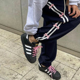 Clacive-Side Striped Bow Drawstring Sweatpants Women High Waist Baggy Pants for Girls Y2k Streetwear