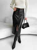 Clacive-2024 Summer Women Sexy Midi Leather Skirts Solid High Waist Office Pencil Long Slit Skirt For Women