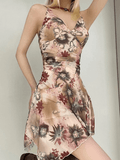 V-Neck Floral Waist Pleated Mesh Mini Dresses