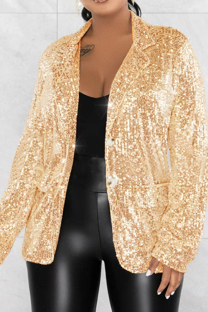 Clacive - Silver Celebrities Solid Sequins Patchwork Turn-back Collar Outerwear