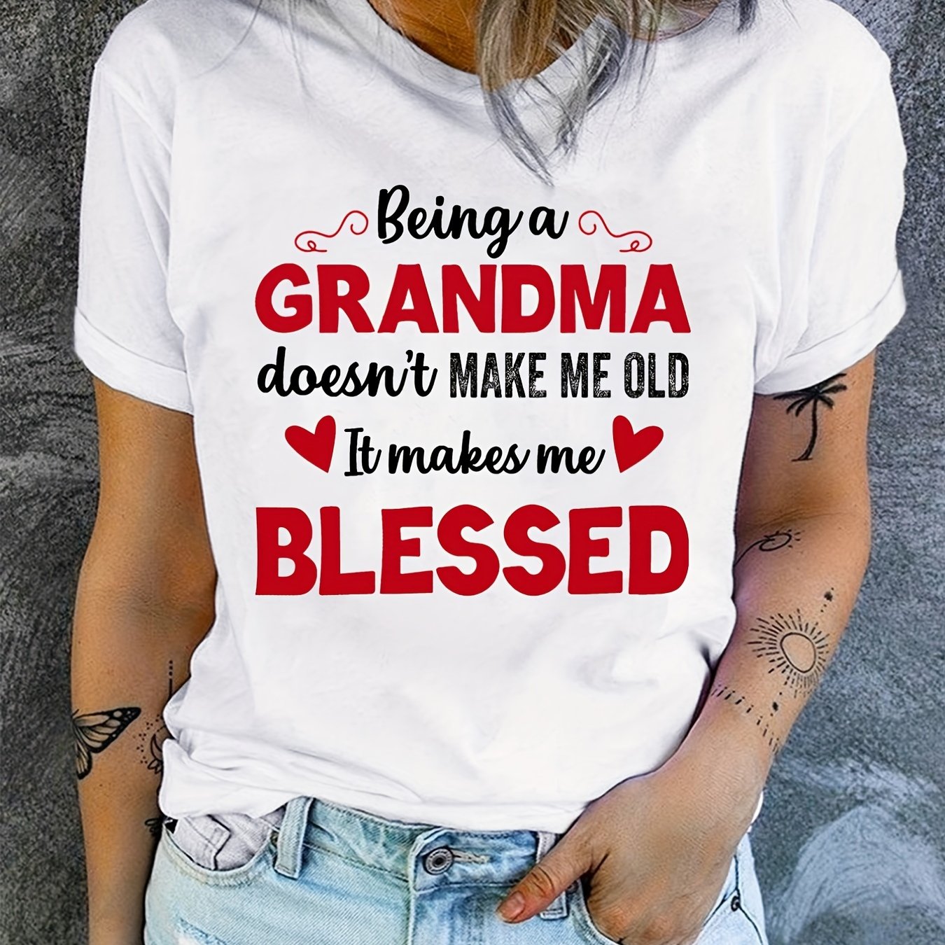 Clacive - Blessed Grandma Print T-Shirt, Mother's Day Short Sleeve Crew Neck Casual Top For Spring & Summer, Women's Clothing