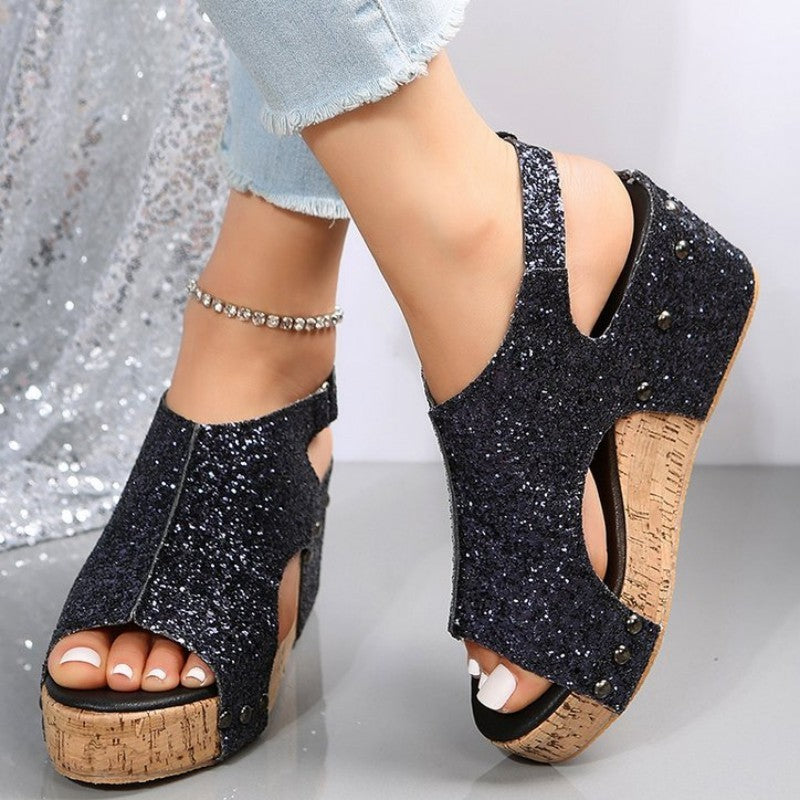 Clacive - Black Casual Hollowed Out Sequins Patchwork Fish Mouth Out Door Wedges Shoes