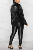 Clacive - Silver Celebrities Solid Sequins Patchwork Turn-back Collar Outerwear