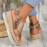 Clacive - Gold Casual Hollowed Out Patchwork Fish Mouth Out Door Wedges Shoes (Heel Height 1.97in)
