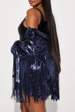 Clacive - Deep Blue Casual Party Patchwork Tassel Sequins Cardigan Turndown Collar Outerwear