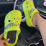 Clacive - Fluorescent Yellow Casual Daily Hollowed Out Patchwork Chains Round Comfortable Shoes